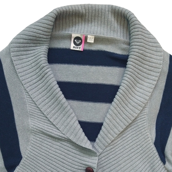 Roxy Gray Blue Striped Kimono Wide Sleeve Shawl Collar Bolero Cocoon Cardigan - Picture 5 of 9